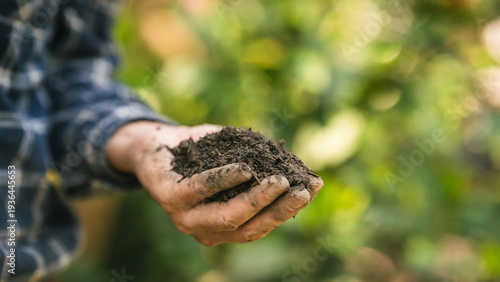 Close-up of a hand holding dark fertile soil over a garden bed, outdoor natural light, gardening and agriculture concept with copy space.