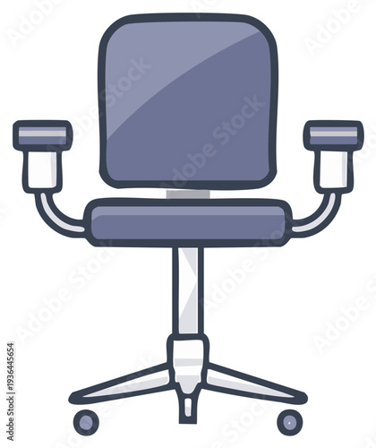 Cartoon office chair illustration with armrests and wheels, comfortable seating for work or home office with adjustable features