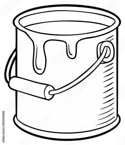 Paint Can Line Art: Open Metal Container with Dripping Liquid, Isolated Outline, Arts & Crafts Illustration