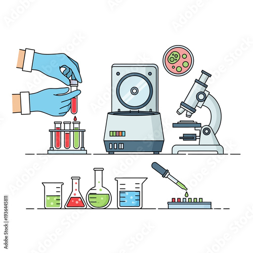Laboratory equipment and scientist hands performing experiments with test tubes and microscope