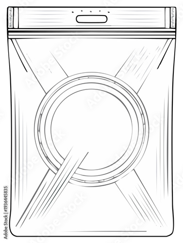 Transparent stand up pouch packaging with zipper seal and handle cutout line art