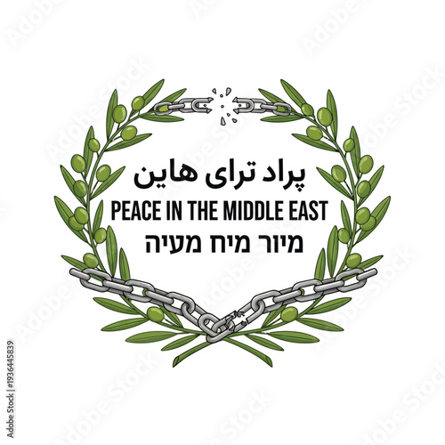 Olive branches with broken chain symbolizing peace in the Middle East