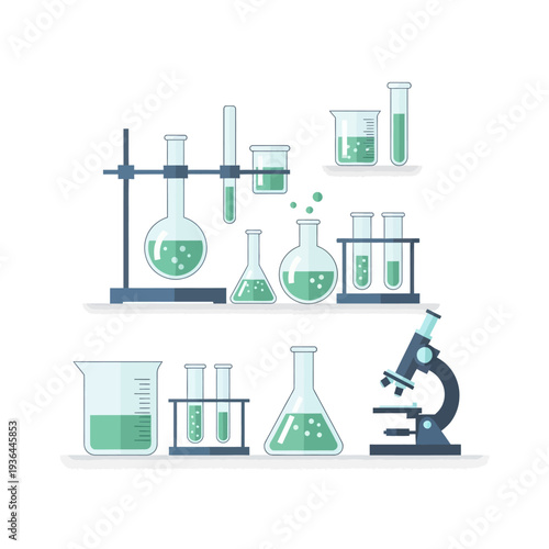Laboratory Equipment: Beakers, Flasks, Test Tubes, and Microscope with Green Liquid