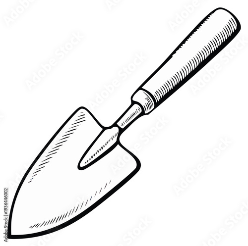 Garden trowel line art illustration, gardening equipment.