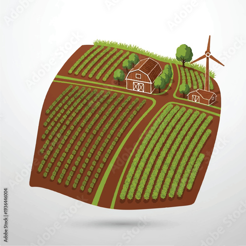 Stylized farmland landscape with curved fields and wind turbine.