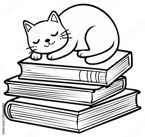 Sleeping cat cartoon on a stack of books, reading and learning, relaxing pose, cute graphic style, educational concept, calm and peaceful.