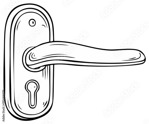 Black and white illustration of door handle with keyhole and plate isolated