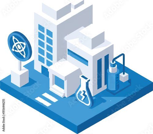Isometric laboratory facility with science equipment and glassware.