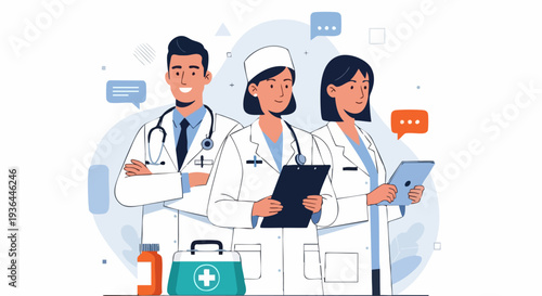 Medical Team of Three Doctors and Nurse Vector Illustration