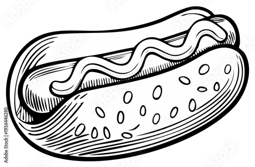 Hotdog Illustration with Mustard Topping on Bun Freshly Cooked Black and White Sketch Artistic Concession Style Fast Food Item Isolated