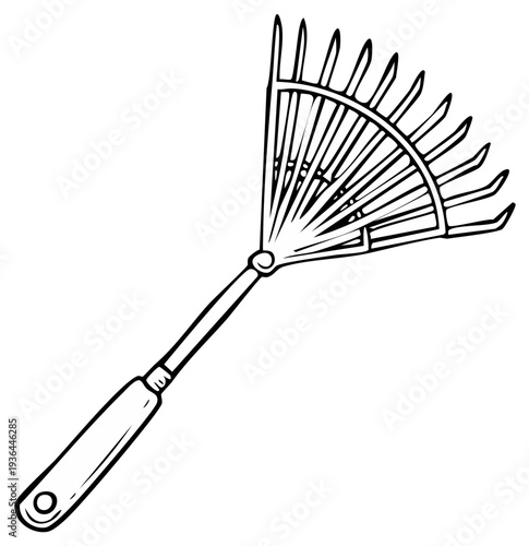 Illustration of a garden rake with metal tines and a long handle for gathering leaves and debris outdoors