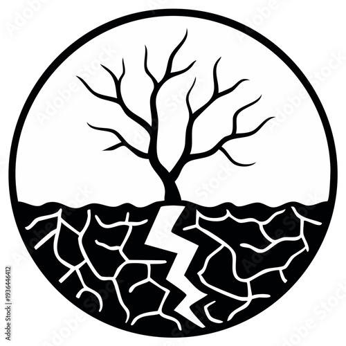 Drought symbol tree dying dry cracked earth circle icon