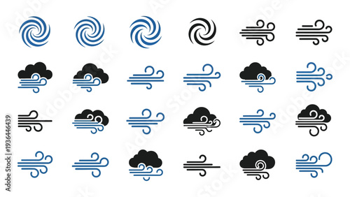 A collection of weather icons in blue and black