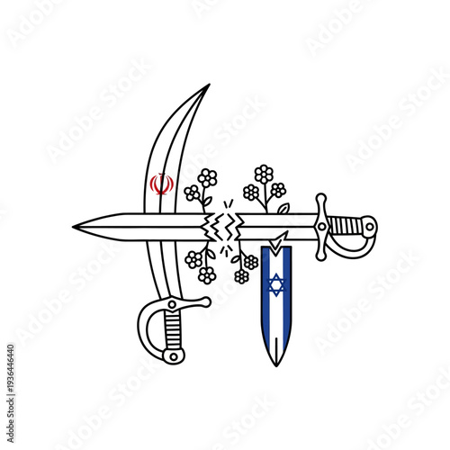 Crossed swords with Iranian and Israeli flags symbolizing conflict