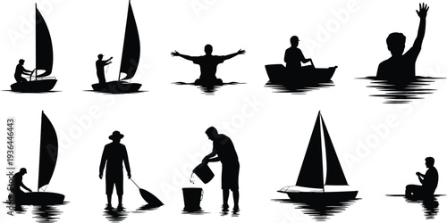 Black silhouette set of people enjoying water activities, sailing on boats, rowing, swimming and fishing for summer vacation and maritime recreation