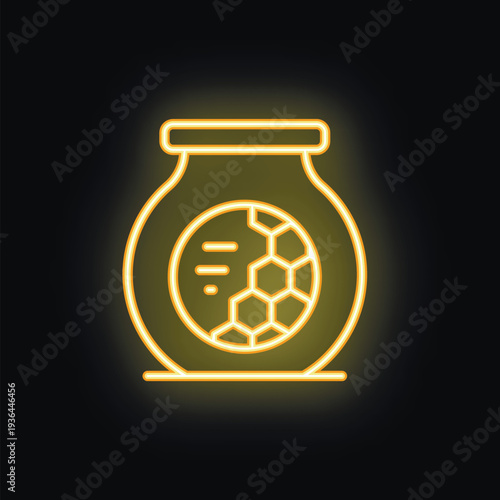 Yellow neon icon of sport nutrition in jar with football logo, glowing on dark background, concept for fitness and bodybuilding