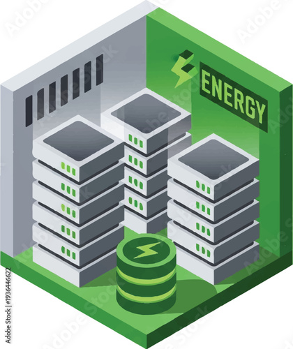 Isometric view of data center server racks in energy efficient facility.