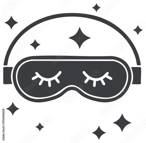 Simple illustration of a dark grey sleep mask with closed eyes and sparkles around it