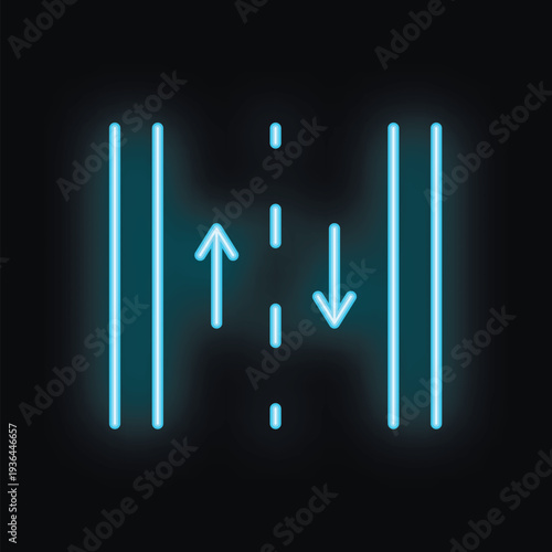 Blue neon arrows pointing up and down separated by dotted lines on a black background are representing opposite directions