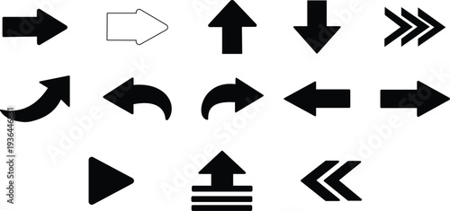 A comprehensive set of modern black arrow vector icons for user interface and experience design projects, indicating direction, movement, navigation, and interaction in web applications, mobile apps, 