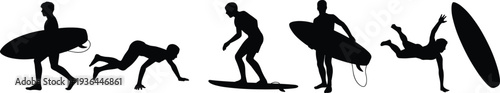 Surfer silhouette set showing surfing actions with surfboard paddling standing riding falling black vector illustration isolated on white background