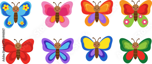 Colorful, cute, cartoon, butterfly, set, bright, spring, insects, kids, illustration, collection, playful, nature, design, nursery, decoration, vector, style, isolated, background