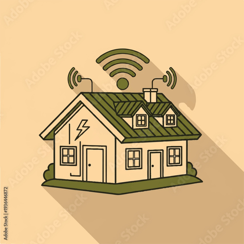 Smart Home House With Wireless Signal Icons.