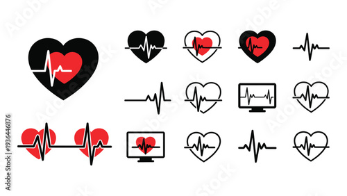 Collection of heart and electrocardiogram symbols in various styles