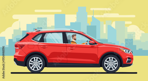 Red SUV Car with Man Driving in Cityscape Vector Illustration