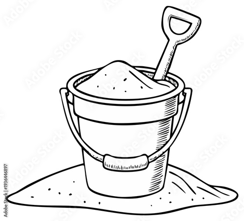 Simple black and white illustration of a sand bucket filled with sand and a shovel