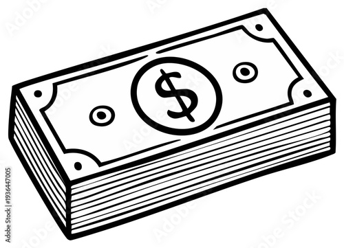 Hand-drawn illustration of a stack of US dollar bills with a dollar sign symbol