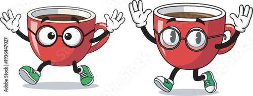 Two cheerful red coffee cups with cartoon faces, wearing glasses and green sneakers, waving and walking, isolated vector illustration for cafe, breakfast, or energy concepts.