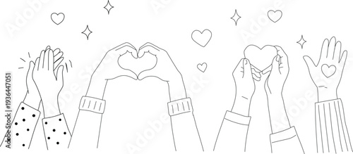 Collection of diverse human hands in outline vector illustration performing gestures of appreciation love applause and offering heartfelt symbols against a white background