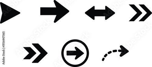 Collection of various black rightward pointing arrow vector graphic icons illustrating direction navigation movement selection and interface controls for web design projects