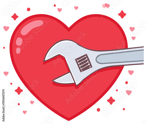 Adjustable wrench fixing a red heart symbol with small pink hearts and sparkles around