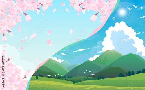 桜が咲く春の景色と山々の夏の背景_横