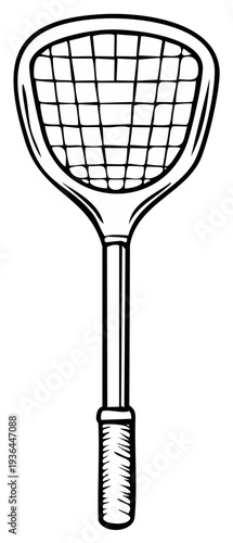 Squash racket vector illustration, sports equipment in black and white.