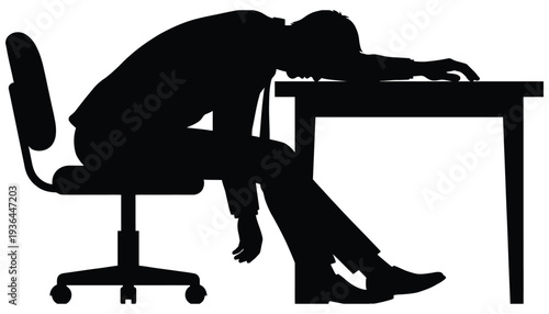 Man Slumped Over Desk Sleeping Icon Vector — Exhausted Worker Passed Out Table Black Isolated Clipart