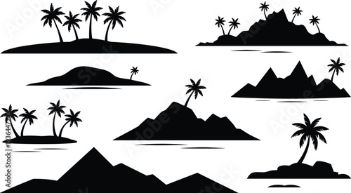 Tropical island silhouettes with palm trees and mountains, summer beach landscape vector illustration collection isolated on white background