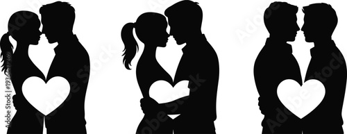 Black silhouette set of romantic couples embracing with heart shape, elegant lovers in love for valentines day and wedding invitations