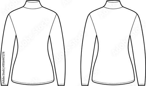 Long sleeve fitted turtleneck top back technical flat fashion illustration, contour seams high neckline garment construction design sketch drawing