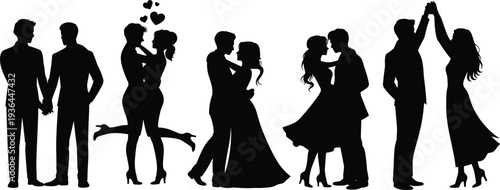 Black silhouette set of romantic couples in love, wedding and engagement poses, man and woman embracing, dancing and holding hands