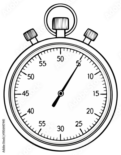 Line drawing of a stopwatch with clock hands, measuring elapsed time, concept