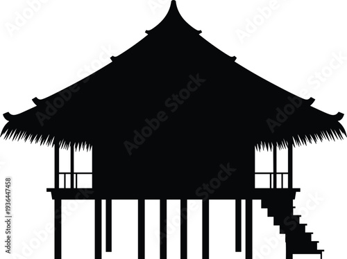 Traditional Asian house hut silhouette tropical village stilt home bamboo architecture black vector illustration isolated on white background cultural building