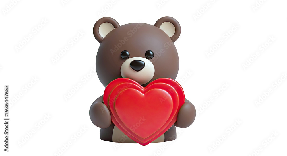 Obraz premium 3D Brown Teddy Bear Holding Stacked Red Hearts