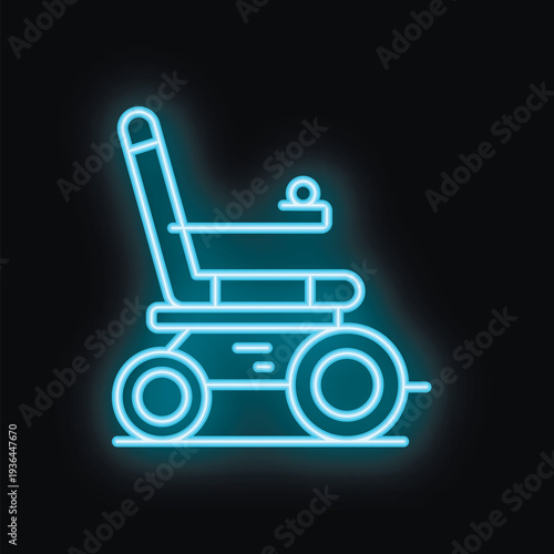 Neon sign depicting an electric wheelchair glowing blue against a black background