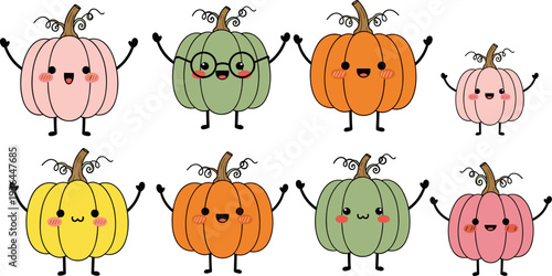 Cute cartoon pumpkin characters collection, colorful kawaii autumn vegetables set, funny smiling squash illustration, Halloween harvest design isolated