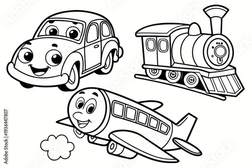 chibi kawaii vehicles with faces smiling car, happy train, cute airplane with wings, simple coloring page for kids, thick black outlines, no shading, white background, vector illustration --style line