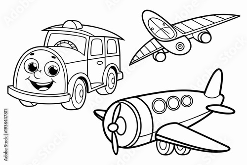 chibi kawaii vehicles with faces smiling car, happy train, cute airplane with wings, simple coloring page for kids, thick black outlines, no shading, white background, vector illustration --style line