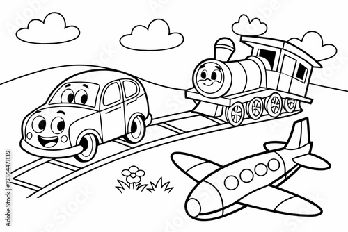 chibi kawaii vehicles with faces smiling car, happy train, cute airplane with wings, simple coloring page for kids, thick black outlines, no shading, white background, vector illustration --style line